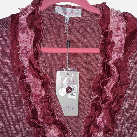 DEADSTOCK Whimsigoth "Pretty Angle" Burgundy ruffled cardigan with pockets. - Picture 2 of 3